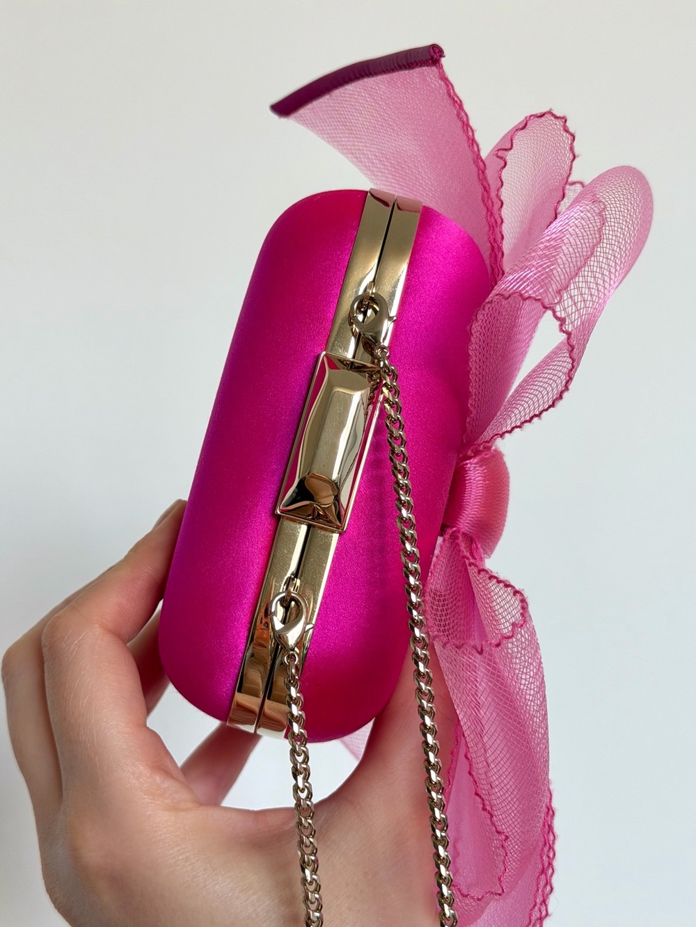 Jimmy Choo Cloud Pink Satin Oversized Bow Clutch Chain Bag - Picture 7 of 11